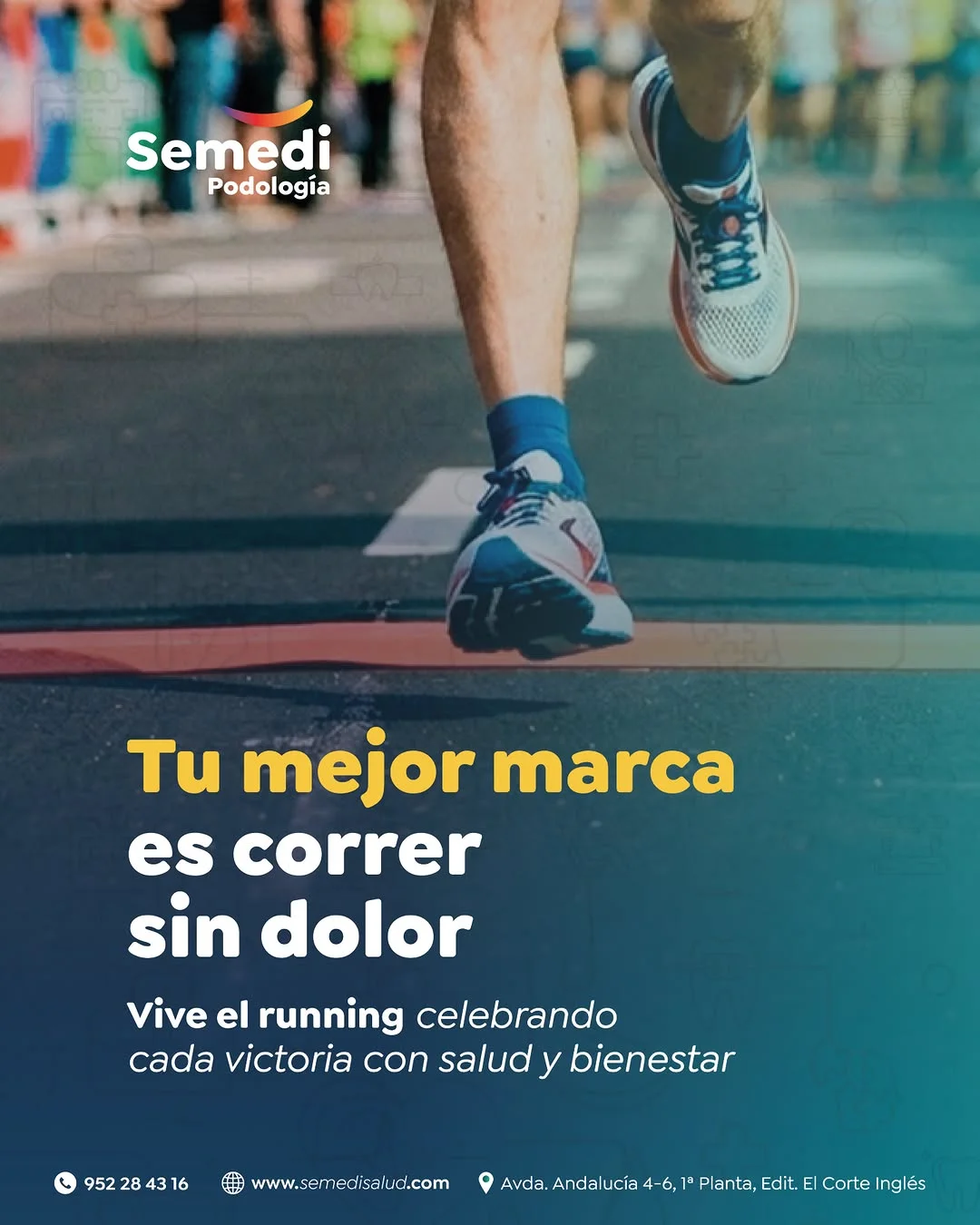 Corredor en plena zancada durante una carrera popular, ejemplo de correr sin dolor Málaga con pisada cuidada