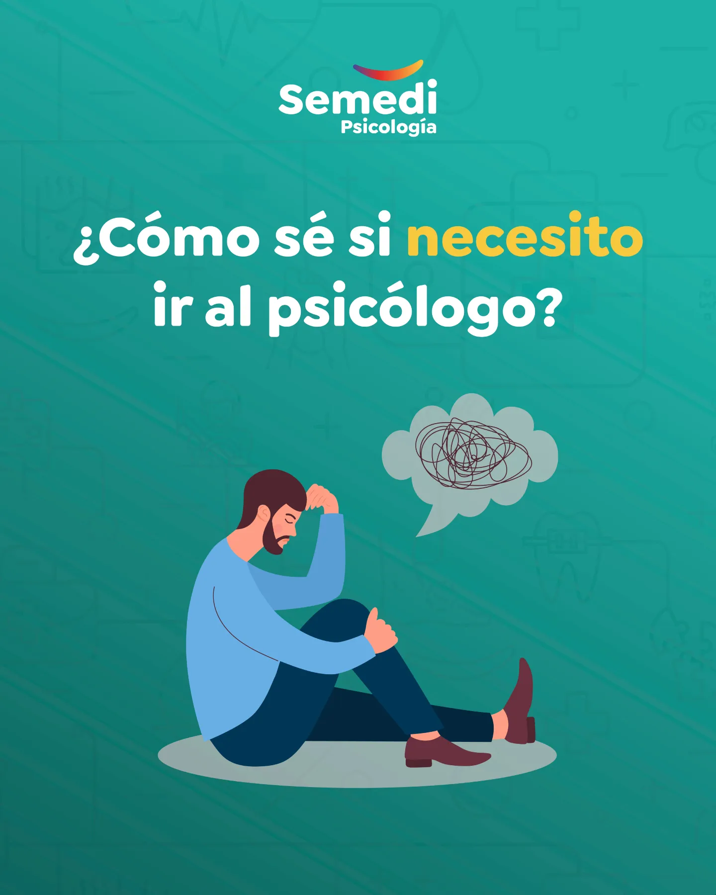 Ilustración de una persona sentada con la cabeza apoyada en la mano y un pensamiento enredado, sobre cuándo ir al psicólogo