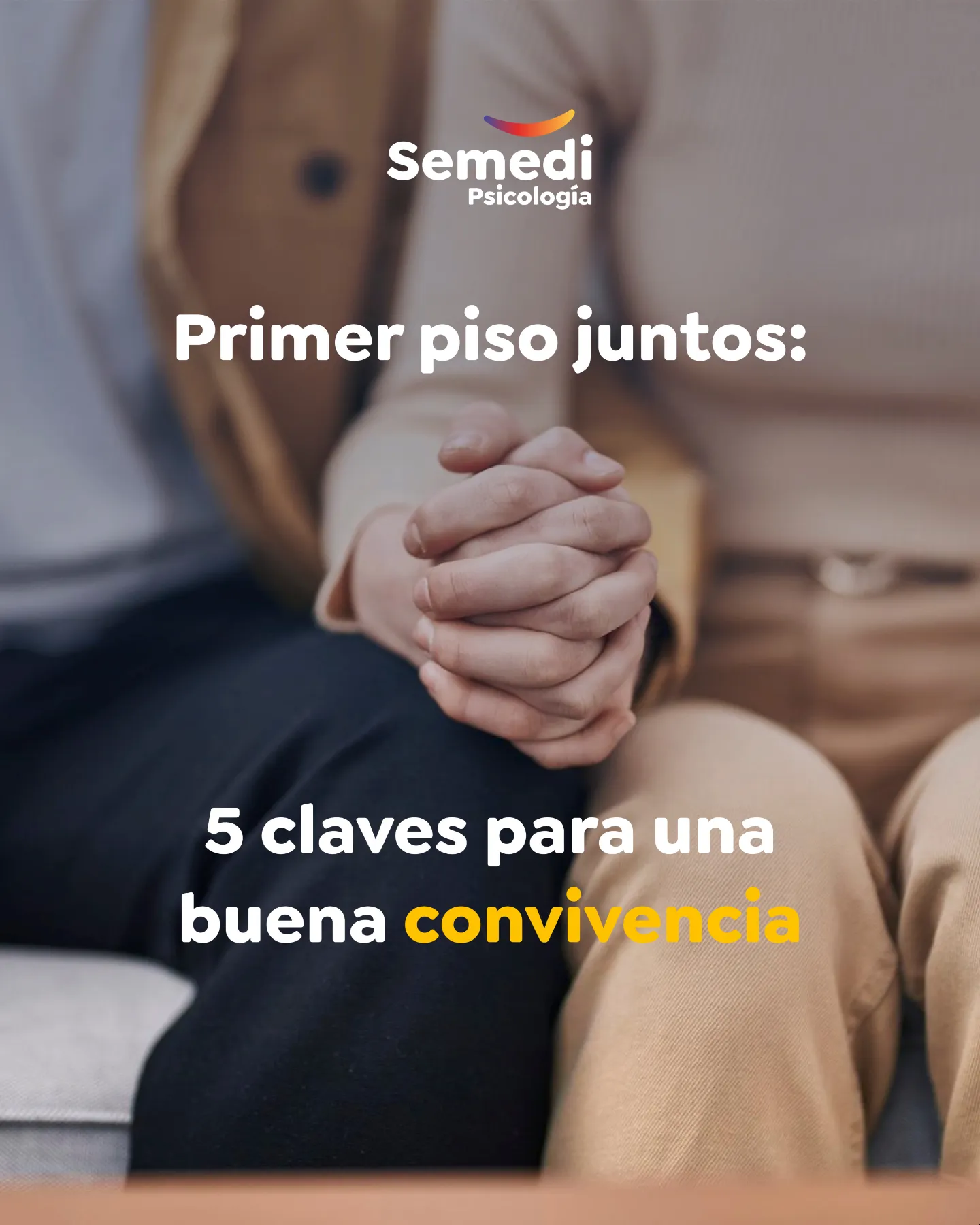 Pareja sentada en el sofá con las manos entrelazadas, gráfico de Semedi Psicología sobre el primer piso juntos y la convivencia